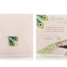 Προσκλητήριο Βάπτισης: Φάκελος διάστασης 16,8x16,8 εκατ. σε χαρτί γκοφρέ γραμμωτό (ανάγλυφο) υπόλευκο 160 γραμ., Καρτάκι 4x4 εκατ. με εκτύπωση μελάνι και θέμα φτερά από παγώνι και Κάρτα σε χαρτί γκοφρέ γραμμωτό (ανάγλυφο) υπόλευκο 250 γραμ. με εκτύπωση μελάνι με θέμα παγώνι_Κωδικός 50634