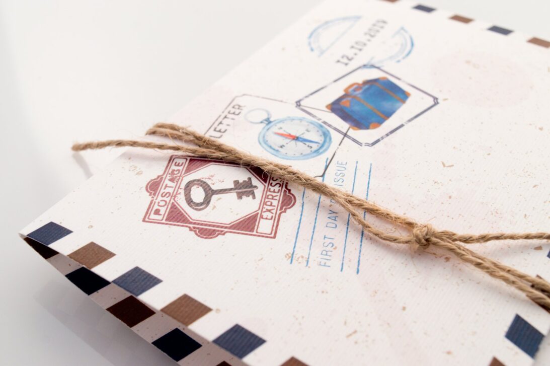 Λεπτομέρεια card postal με θέμα βαλίτσα, πυξίδα και κλειδί_Κωδικός 50836