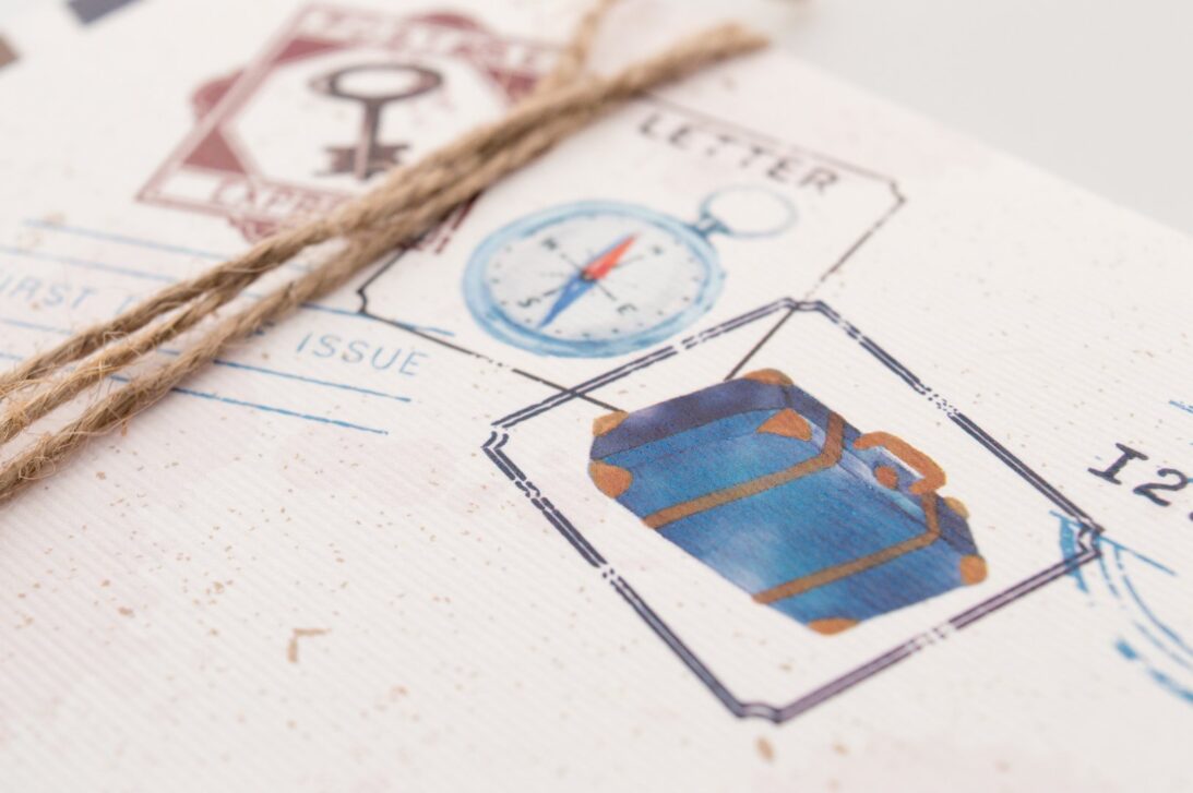 Λεπτομέρεια card postal με θέμα βαλίτσα, πυξίδα και κλειδί_Κωδικός 50836