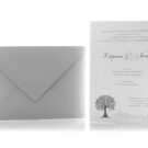 Προσκλητήριο Γάμου: Φάκελος διάστασης 16x22 εκατ. σε χαρτί γκοφρέ γραμμωτό (ανάγλυφο) γκρι 160 γραμ. και Κάρτα σε χαρτί βαμβακερό υπόλευκο 1000 γραμ. με εκτύπωση βαθυτυπία (letterpress) & γκρι-λαδιτυπία και εκτύπωση στα πλάγια της κάρτας (σόκορο) της κάρτας σε σκούρο γκρι (μολυβί) χρώμα_Κωδικός 5961