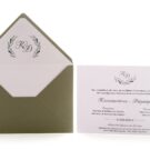 Προσκλητήριο Γάμου: Φάκελος 310 γραμ. διάστασης 16x22 εκατ. με εσωτερική επένδυση φόδρας - Εξωτερικό χαρτί: οικολογικό με άγρια υφή λαδί ανοικτό, Εσωτερικό χαρτί: λείο ματ λευκό με εκτυπωμένο θέμα κλαδιά ελιάς και μονογράμματα και Κάρτα σε χαρτί λείο ματ λευκό 250 γραμ. με εκτύπωση μελάνι και θέμα κλαδιά ελιάς και μονογράμματα_Κωδικός 6121