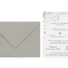 Προσκλητήριο Γάμου: Φάκελος διάστασης 16x22 εκατ. σε χαρτί οικολογικό (άγρια υφή) γκρι 160 γραμ. και Κάρτα σε χαρτί βαμβακερό λευκό 1000 γραμ. με εκτύπωση κειμένου σε βαθυτυπία (letterpress) σε χρώμα μαύρο (μαυροτυπία) και ασημί (ασημοτυπία) και φύλλα σε βαθυτυπία ασημοτυπία_Κωδικός ΓΝΣ 3033